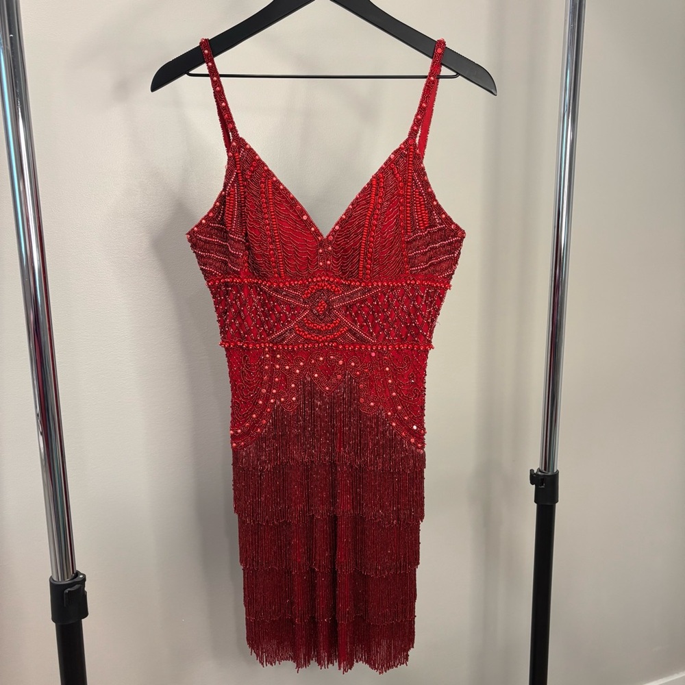 Elegant Red Beaded Fringe Dress